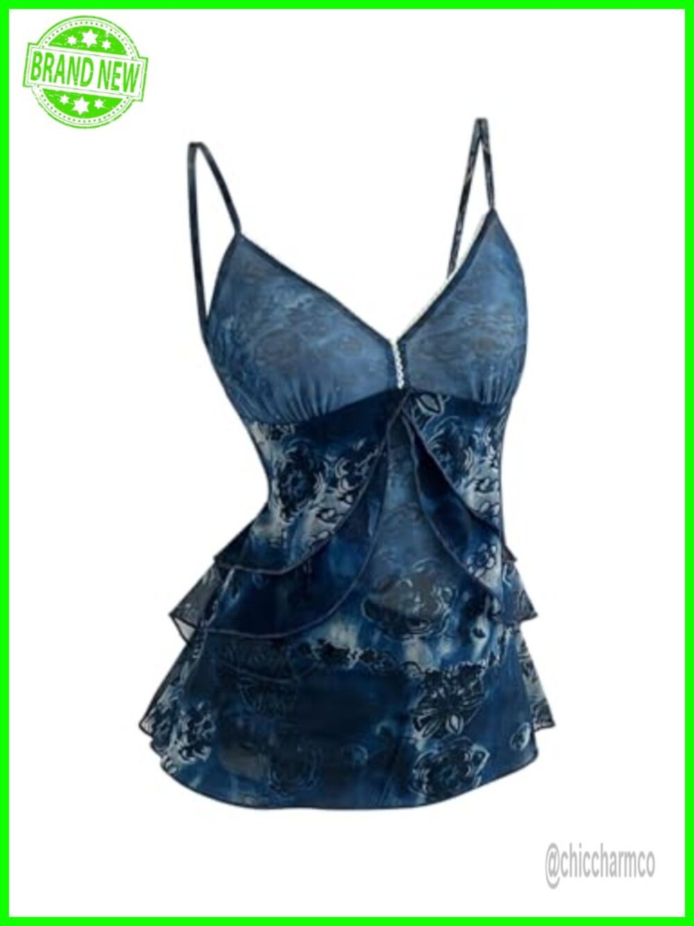 Women's Floral Mesh Cami Top Spaghetti Strap Ruffle Layered Tank Top